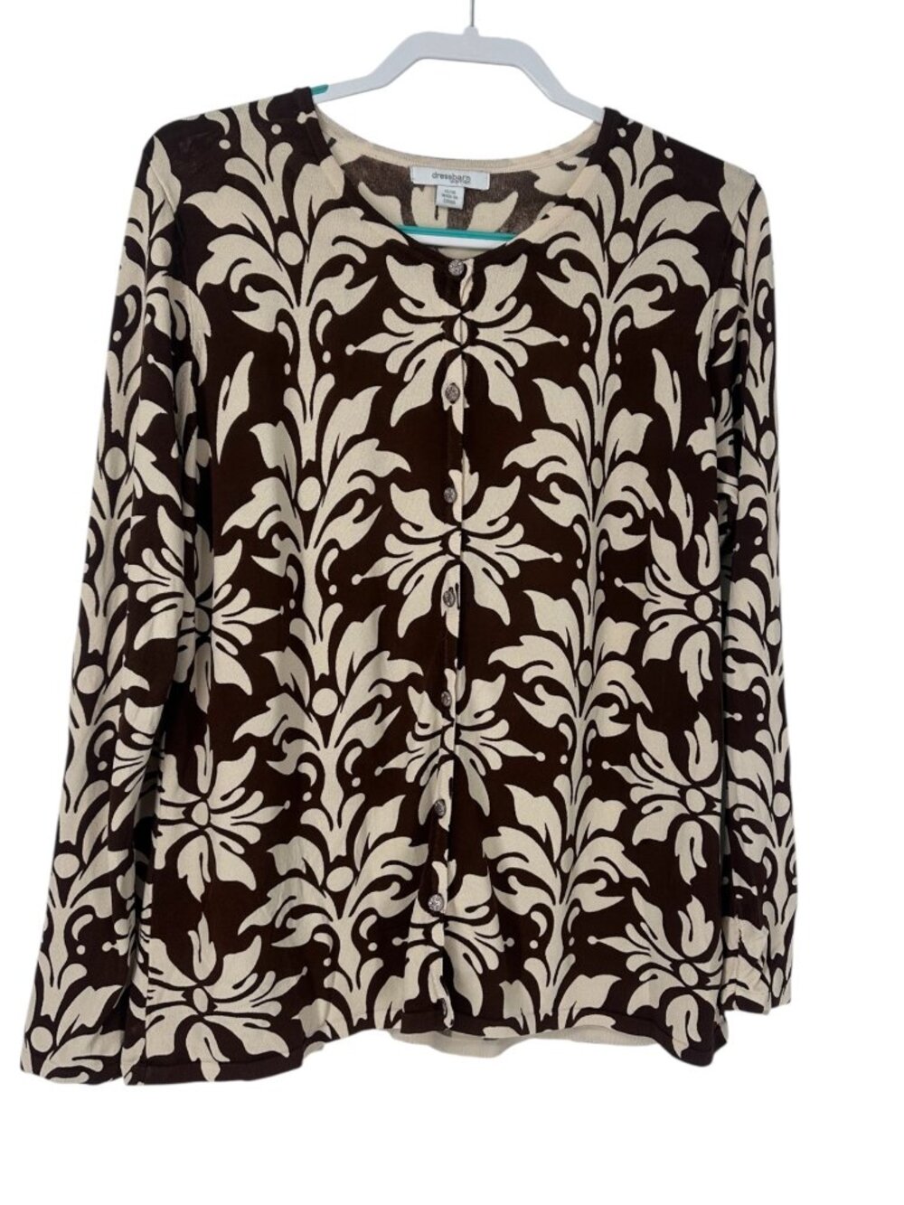 Dressbarn Cardigan 14 Brown Ivory Damask Print Button Front Vintage Classic